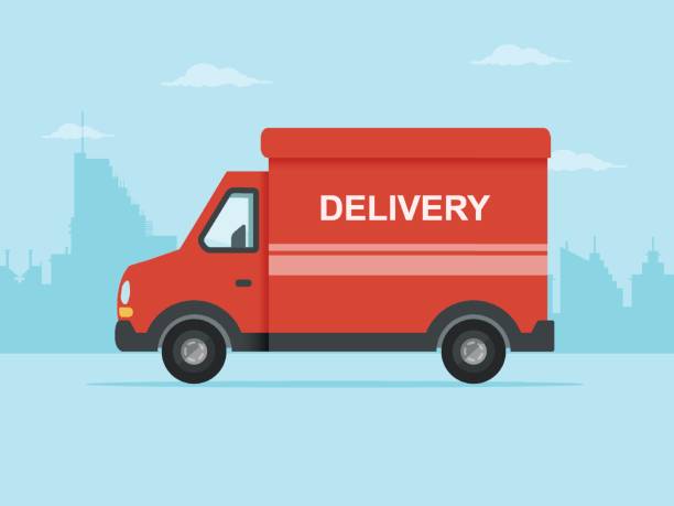 Red delivery truck in a city. Flat design style.